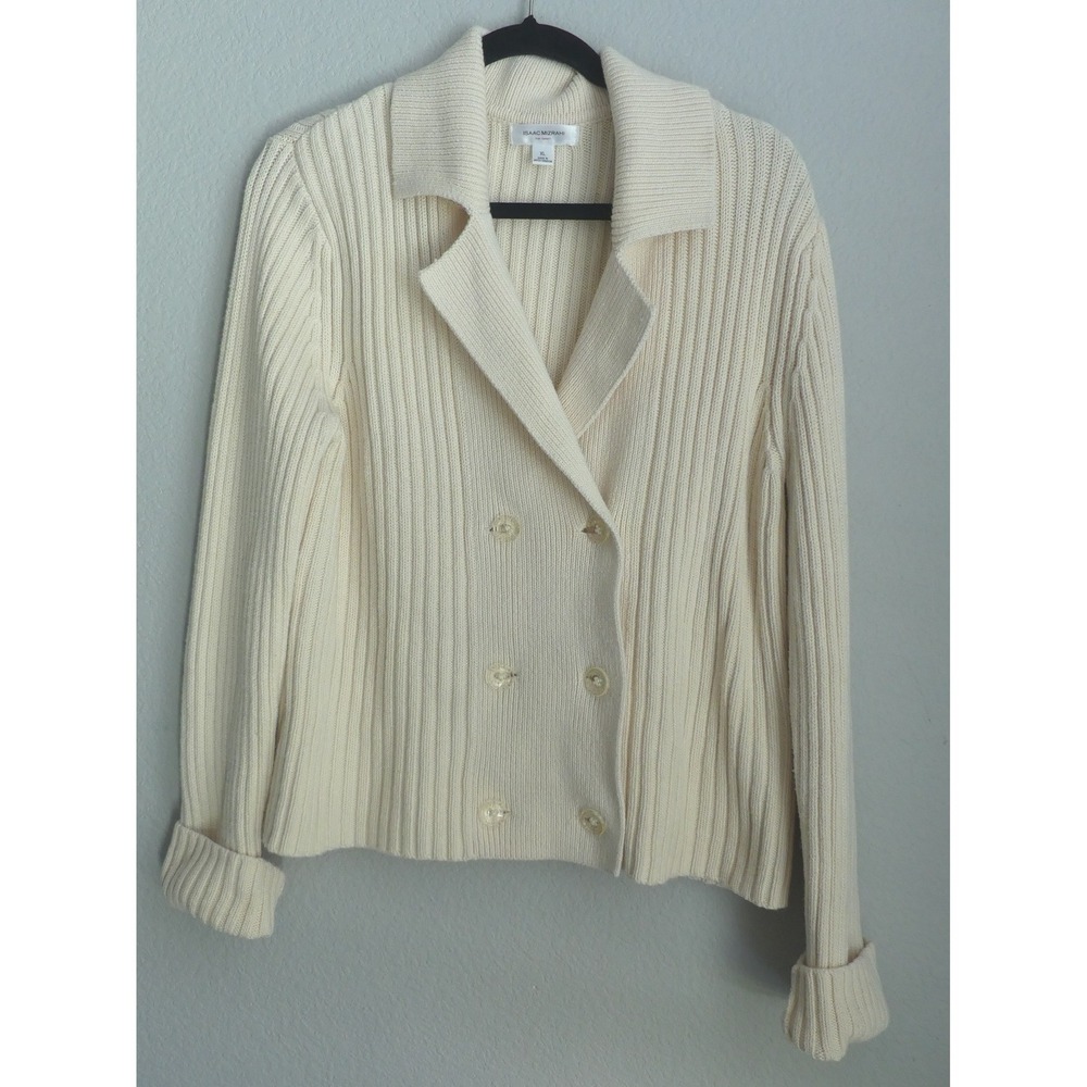 Isaac Mizrahi Cream Ribbed Double Breasted Cardigan Sweater XL Office Casual